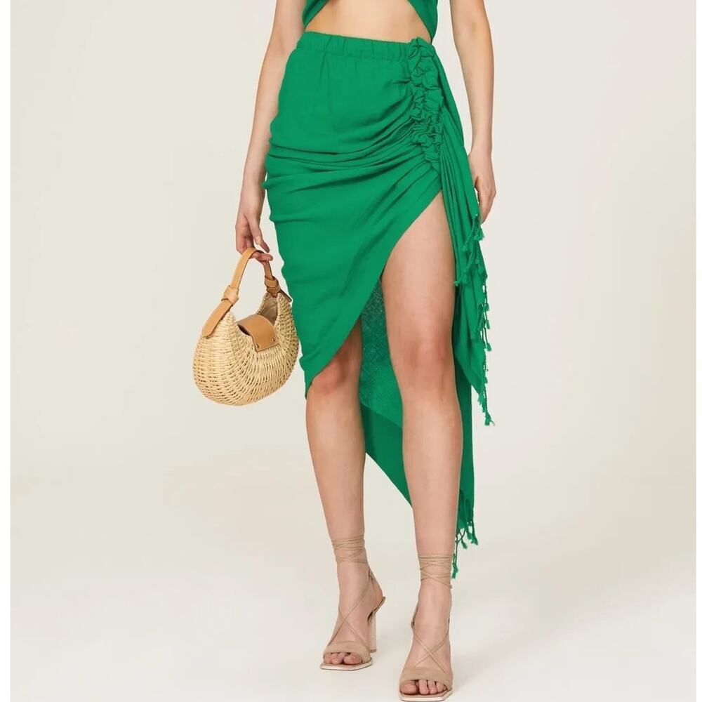 Just Bee Queen Tulum Wrap Skirt Ruched Asymmetrical Cover Up 100% Linen Green XS